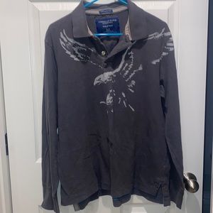 Men’s grey large American Eagle long sleeve polo shirt
